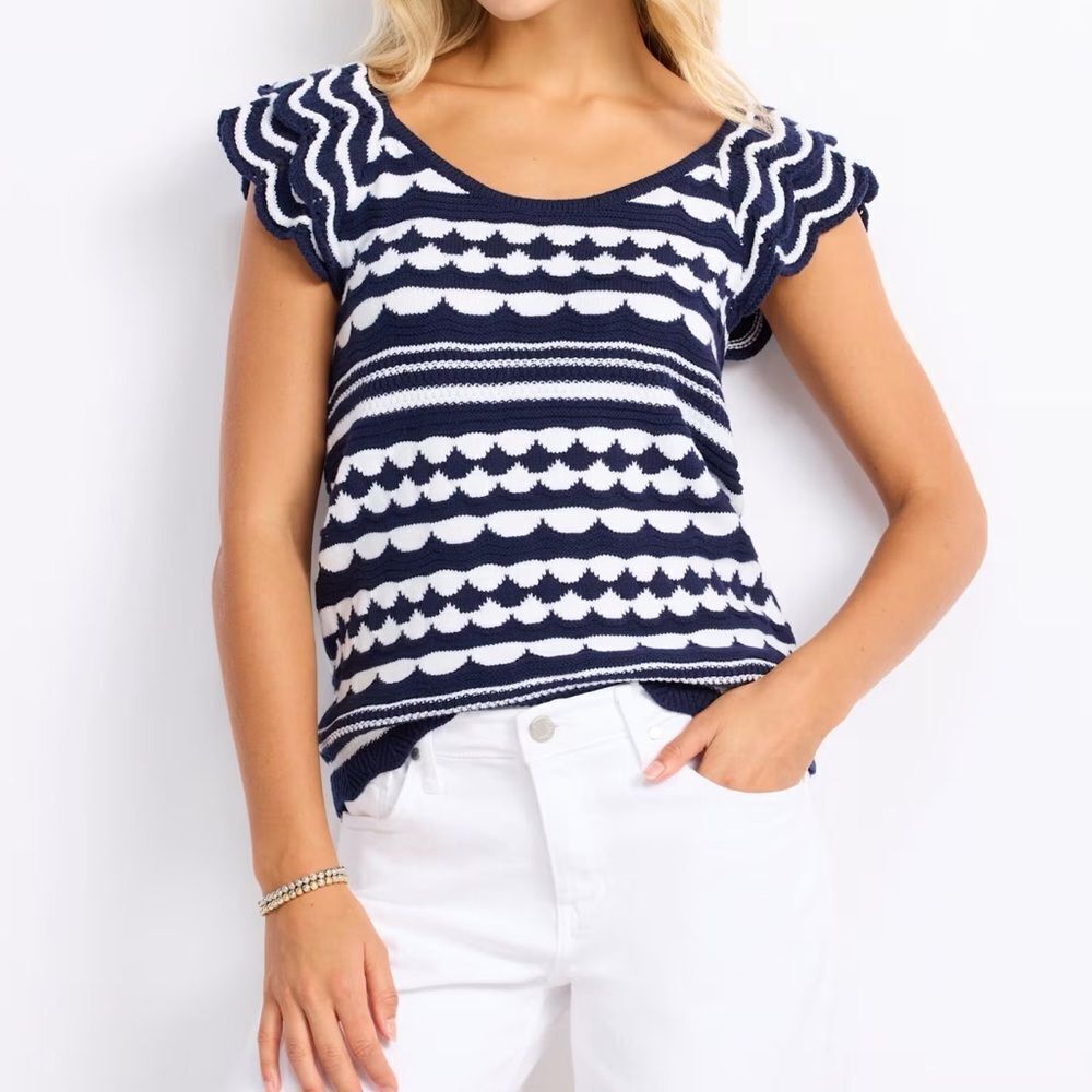 DESIGN 365 Sofia Ruffle Sleeve Sweater Navy Medium NWT STITCH FIX